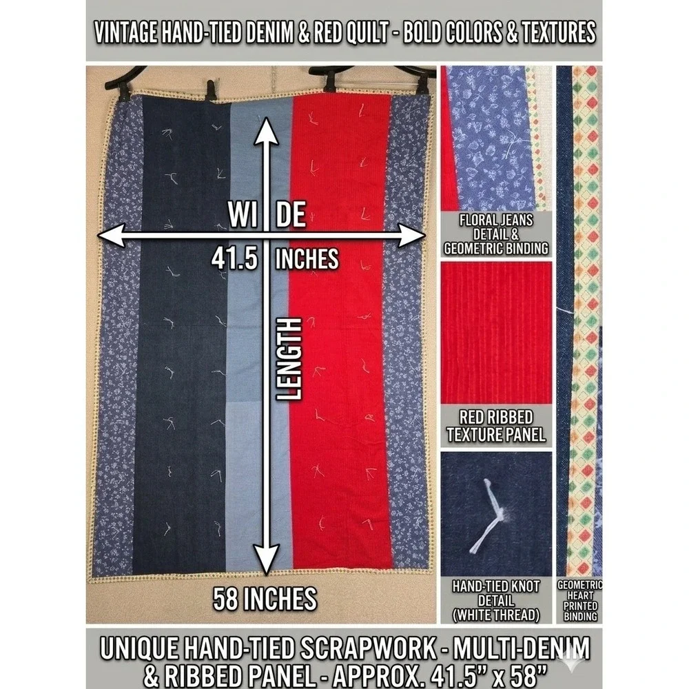 Vintage Hand Tied Denim Quilt Throw Multi Texture Patchwork Red Corduroy 41.5x58